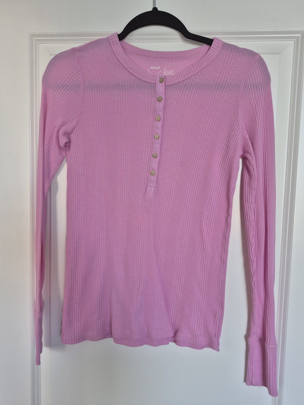 Crewneck Henley Ribbed Long-Sleeve Top - Pink